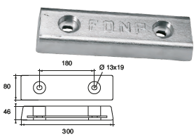 ZX008 ANODO DA IMBULL. FX-7 KG 7 MIS 300X80X46 F/F 180 2 ASOLE DIAM 13X19