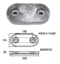 ZX011 ANODO DA IMBULL. FX-4 KG 4 MIS 220X110X30 F/F 130 2 ASOLE DIAM 13X20