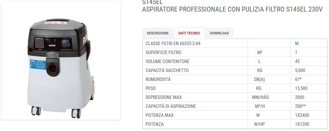 ASPIRATORE  S145EL 45LT autopulente - sensore di liquidi RUPES
