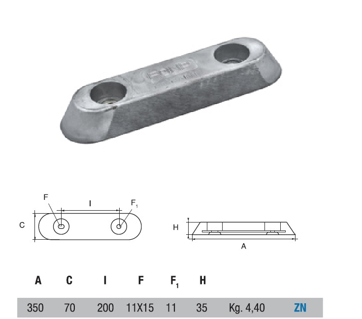 NC086 ANODO TIMONI E FLAPS FX-4V MIS 350X70X35 FORO DIAM 11 E 2° FORO DIAM 11X15